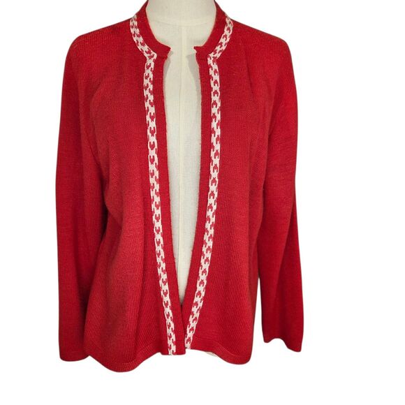 Vintage 70s 80s Red & White Cardigan and Knit Tie Neck Secretary Style Dress 14 - Picture 6 of 9